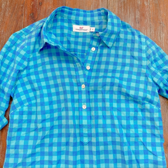 Vineyard Vines Blue Checked Collared Blouse Size 2 - Picture 2 of 8